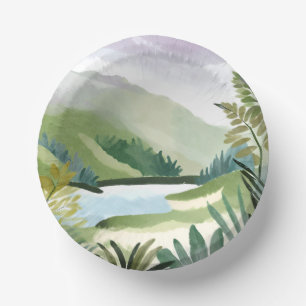 Lush Hillside Green Watercolor Nature Painting Paper Plate