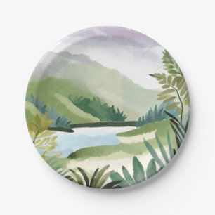 Lush Hillside   Green Watercolor Nature Painting Paper Plate