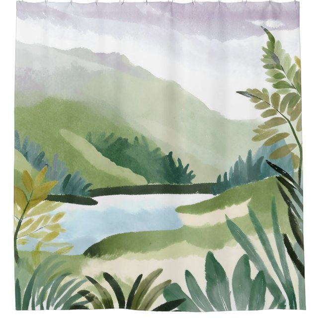 Lush Hillside | Green Watercolor Nature Painting Shower Curtain (Front)