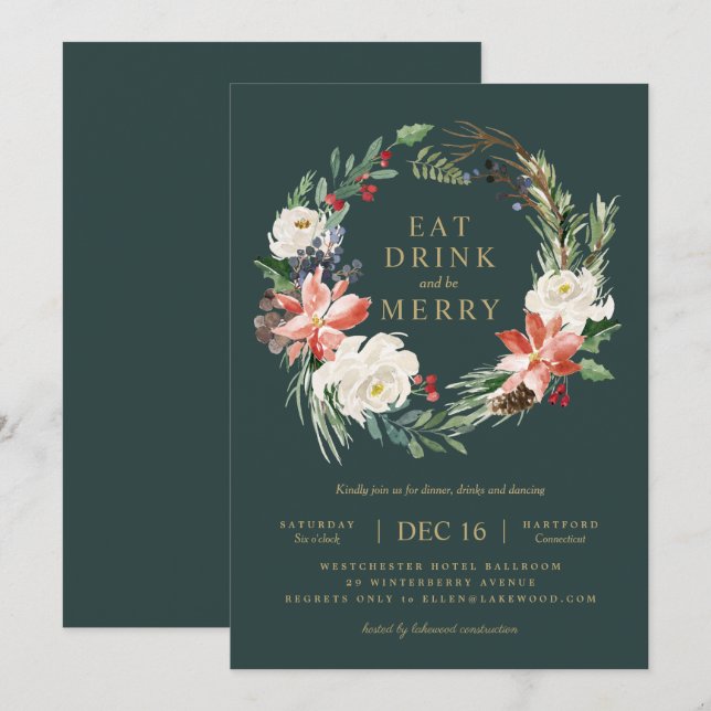 Lush Holiday Wreath Party Invitation (Front/Back)