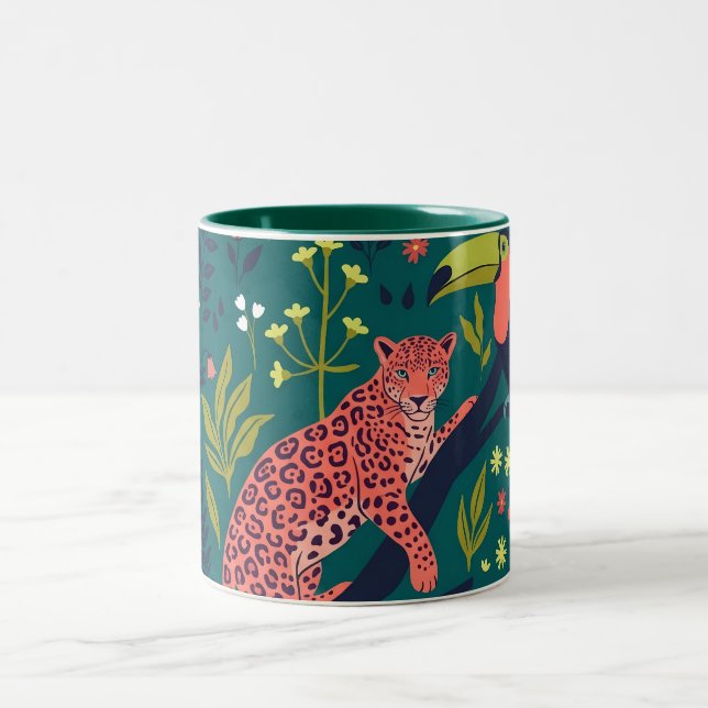 Lush Jungle Animal Pattern Two-Tone Coffee Mug (Center)