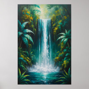 Lush Jungle Waterfall Tropical Nature Painting Poster