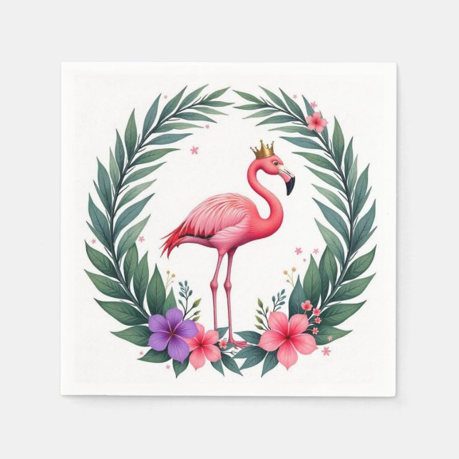 Lush Leafy | Elegant Pink Flamingo Crown Tropical Napkin (Front)