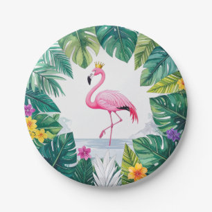 Lush Leafy Elegant Pink Flamingo Crown Tropical Paper Plate