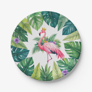 Lush Leafy   Elegant Pink Flamingo Crown Tropical Paper Plate