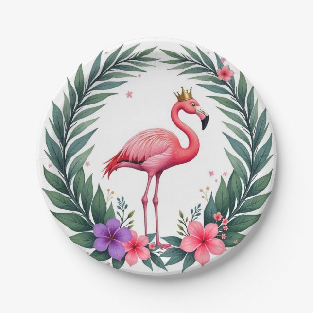 Lush Leafy | Elegant Pink Flamingo Crown Tropical Paper Plate (Front)