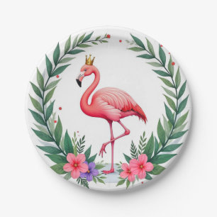 Lush Leafy   Elegant Pink Flamingo Crown Tropical Paper Plate