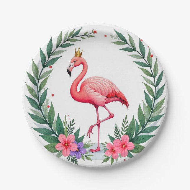 Lush Leafy | Elegant Pink Flamingo Crown Tropical Paper Plate (Front)