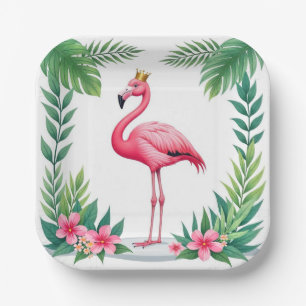 Lush Leafy   Elegant Pink Flamingo Crown Tropical Paper Plate