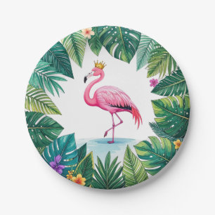 Lush Leafy   Elegant Pink Flamingo Crown Tropical Paper Plate