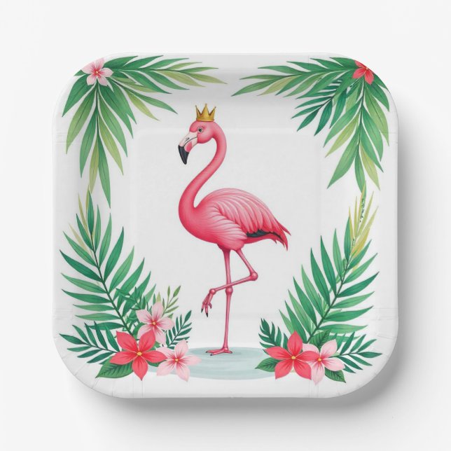 Lush Leafy | Elegant Pink Flamingo Crown Tropical Paper Plate (Front)