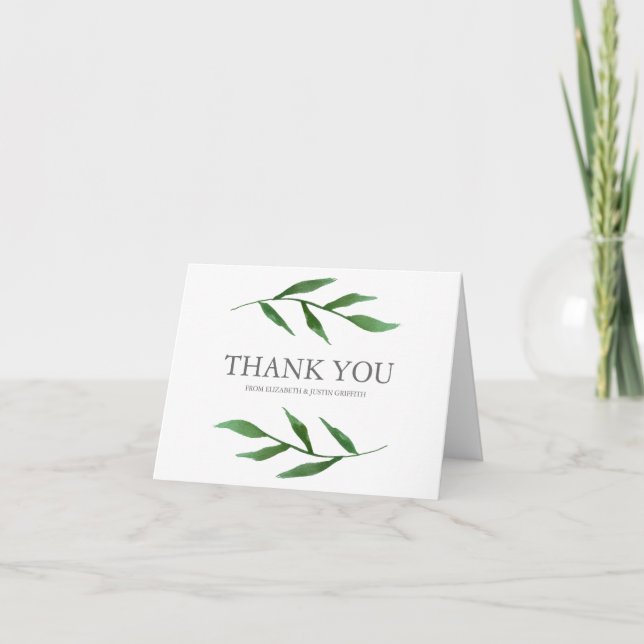 Lush Leaves Elegant Watercolor Wedding Thank You Card (Front)