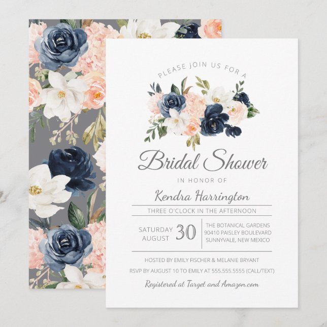 Lush Magnolia Floral Navy Blue Pink Bridal Shower Invitation (Front/Back)