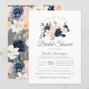 Lush Magnolia Floral Navy Blue Pink Bridal Shower Invitation