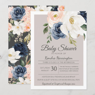 Lush Magnolia Rose Grey Navy & Blush Baby Shower Invitation