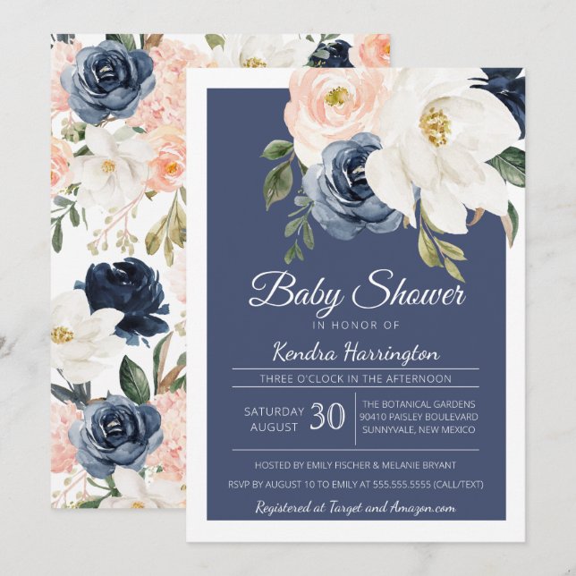 Lush Magnolia Rose Navy Blue & Blush Baby Shower Invitation (Front/Back)