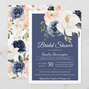 Lush Magnolia Rose Navy Blue & Blush Bridal Shower Invitation