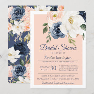 Lush Magnolia Rose Navy Blue Pink Bridal Shower Invitation