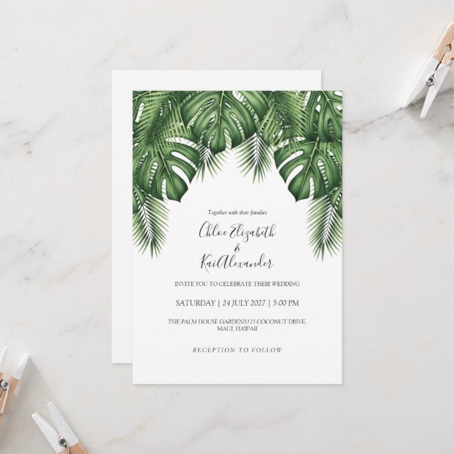  Lush Modern Palm Leaf Hawaiian Wedding Invitation (Front/Back In Situ)