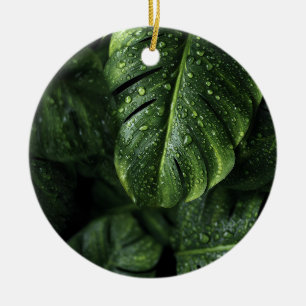 Lush Monstera Leaves with Morning Dew Drops Ceramic Tree Decoration