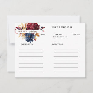 Lush Navy Wine Floral Bridal Shower Recipe Card
