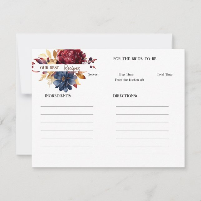Lush Navy Wine Floral Bridal Shower Recipe Card (Front)