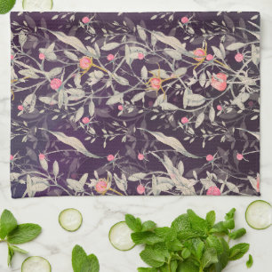 Lush Noir Garden Watercolor Leafy Roses and Tulips Tea Towel