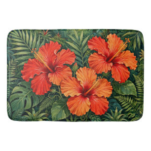 Lush Orange Hibiscus Jungle Flowers Tropical Bath Mat