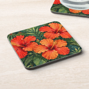 Lush Orange Hibiscus Jungle Flowers Tropical Coaster