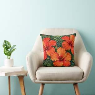 Lush Orange Hibiscus Jungle Flowers Tropical Cushion