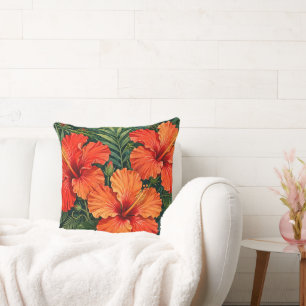 Lush Orange Hibiscus Jungle Flowers Tropical Cushion