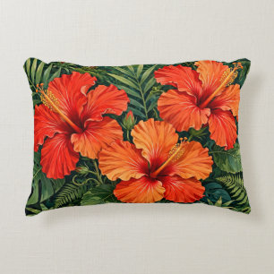 Lush Orange Hibiscus Jungle Flowers Tropical Decorative Cushion