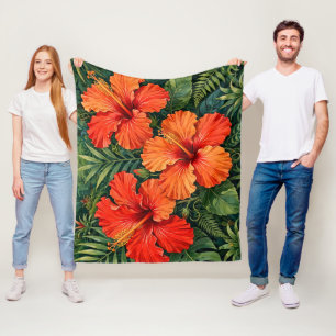 Lush Orange Hibiscus Jungle Flowers Tropical Fleece Blanket