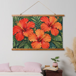 Lush Orange Hibiscus Jungle Flowers Tropical Hanging Tapestry