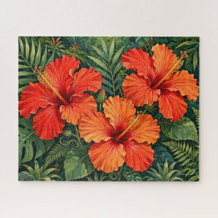 Lush Orange Hibiscus Jungle Flowers Tropical Jigsaw Puzzle