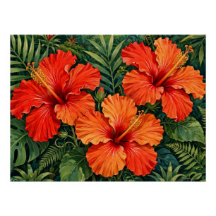 Lush Orange Hibiscus Jungle Flowers Tropical Poster