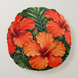 Lush Orange Hibiscus Jungle Flowers Tropical Round Cushion