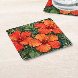 Lush Orange Hibiscus Jungle Flowers Tropical Square Paper Coaster