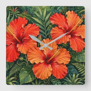Lush Orange Hibiscus Jungle Flowers Tropical Square Wall Clock