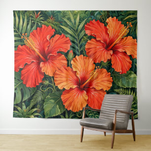 Lush Orange Hibiscus Jungle Flowers Tropical Tapestry