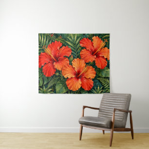 Lush Orange Hibiscus Jungle Flowers Tropical Tapestry