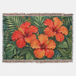 Lush Orange Hibiscus Jungle Flowers Tropical Throw Blanket