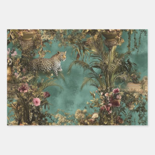 Lush Ornate Scene Leopard Foliage Vibrant Flowers Wrapping Paper Sheet