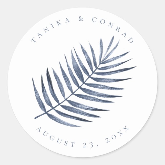 Lush Palm Leaf Wedding Blue ID956 Classic Round Sticker (Front)