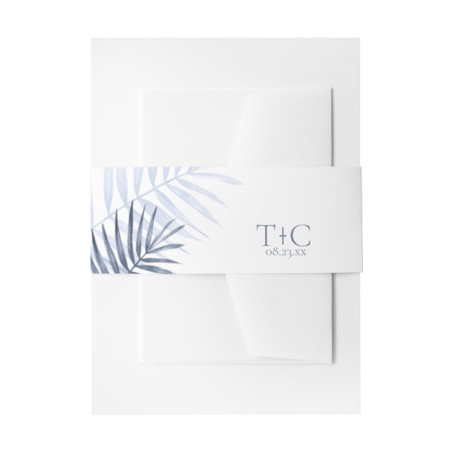 Lush Palm Leaf Wedding Blue/White ID956 Invitation Belly Band (Front Example)