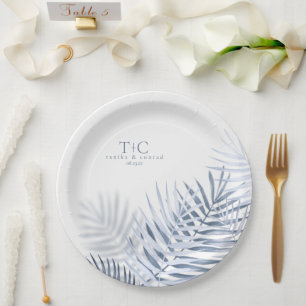 Lush Palm Leaf Wedding Blue/Wht ID956 Paper Plate