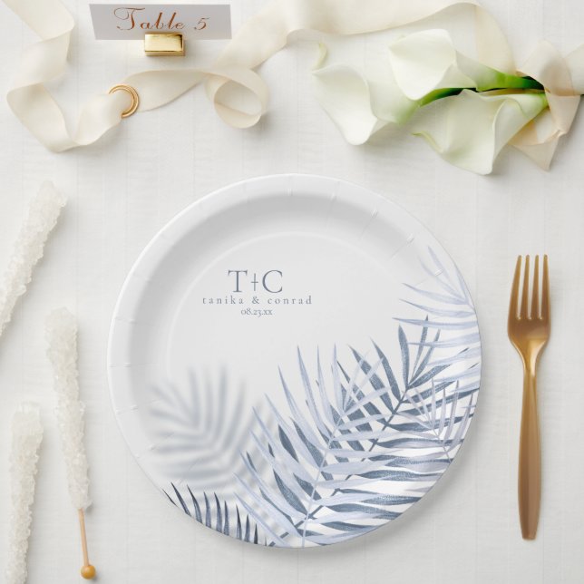 Lush Palm Leaf Wedding Blue/Wht ID956 Paper Plate (Wedding)