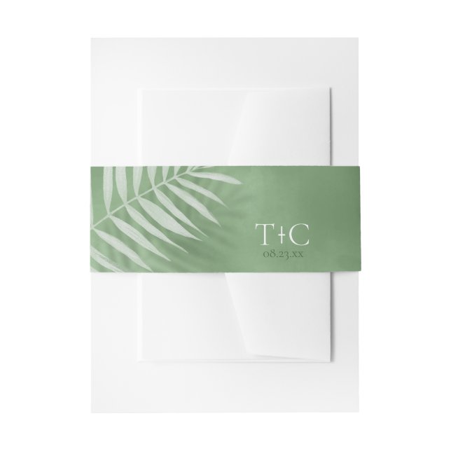 Lush Palm Leaf Wedding Moss Green ID956 Invitation Belly Band (Front Example)