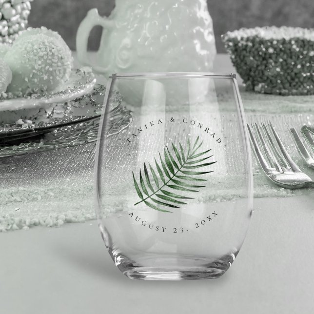 Lush Palm Leaf Wedding Moss Green ID956 Stemless Wine Glass (Creator Uploaded)