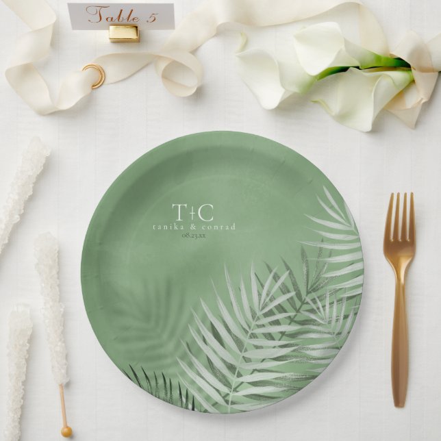 Lush Palm Leaf Wedding Moss Green V2 ID956 Paper Plate (Wedding)